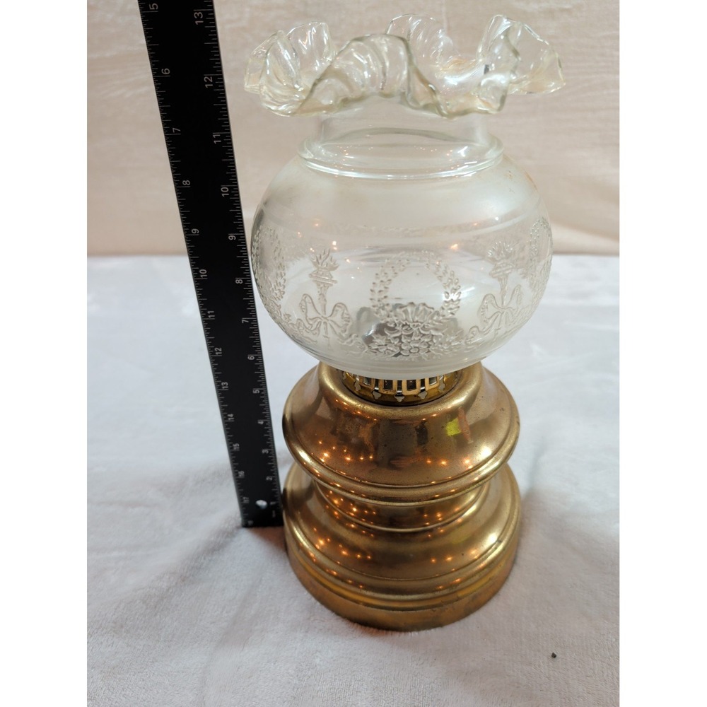 Vintage Brass Hurricane Lamp Frosted Etched Glass Ruffle Shade Floral Bow Wreath - Picture 5 of 6
